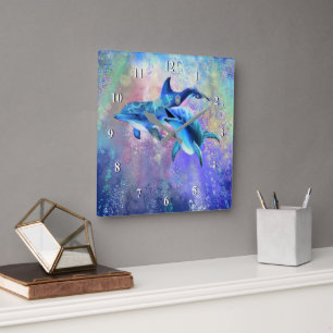 Dolphin Wall Clock Lycklig par Fyrkantig Klocka