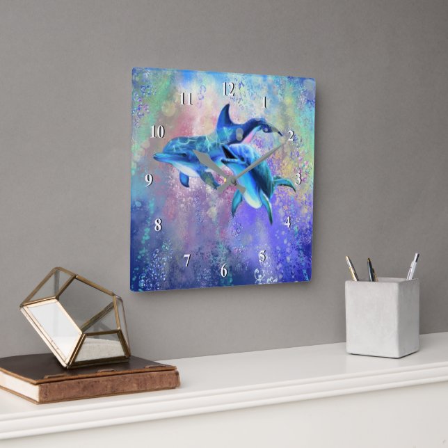 Dolphin Wall Clock Lycklig par Fyrkantig Klocka (Kontor)