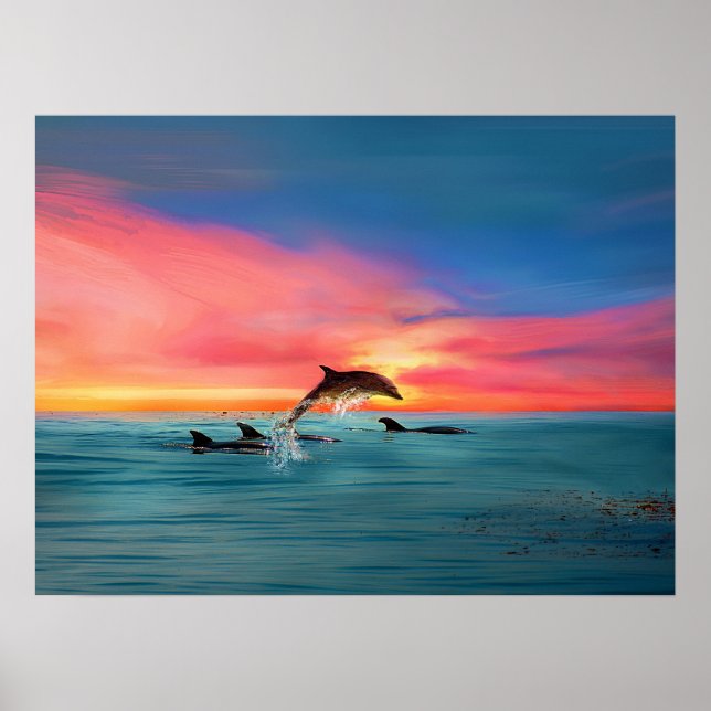 Dolphins Beach Sunset Fantasy Art Poster (Framsidan)