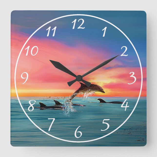 Dolphins Beach Sunset Nautical Fyrkantig Klocka (Framsida)