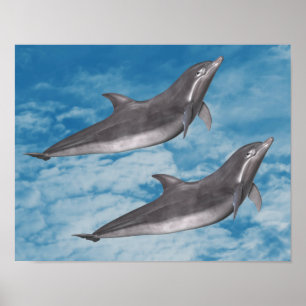 Dolphins Blå himmel White Clouds Fantasy Art Poster