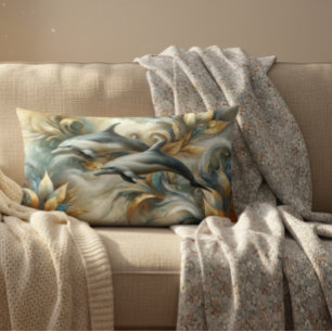 Dolphins Golden Botanical Dreamscape Lumbarkudde