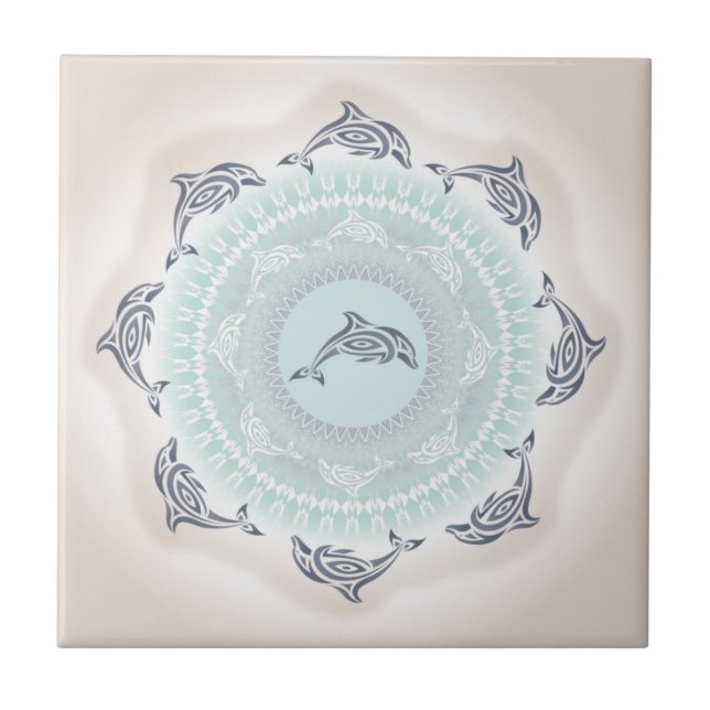 Dolphins Mandala Blek Blue Taupe Kakelplatta (Framsidan)