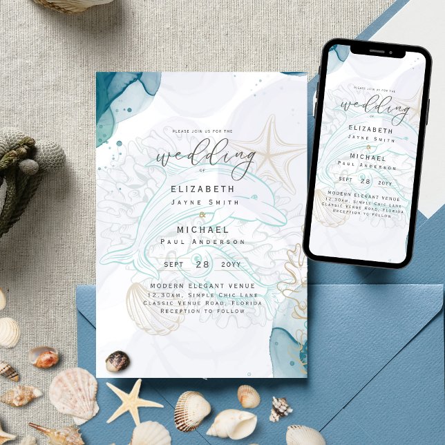 Dolphins Ocean Life Beach Teal Wedding bjudande Inbjudningar (Skapare uppladdad)