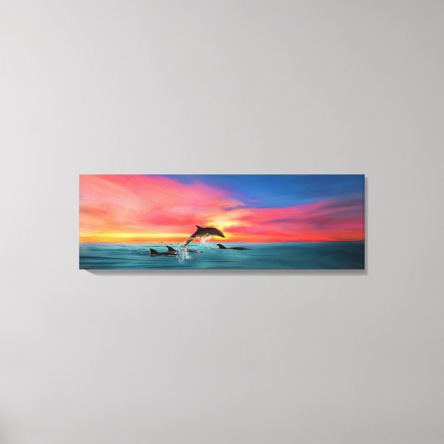 Dolphins Swimming California Beach Sunset Art Canvastryck (Framsida)