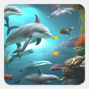 Dolphins Swimming Underwater Fyrkantigt Klistermärke