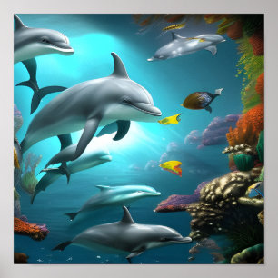 Dolphins Swimming Underwater Poster