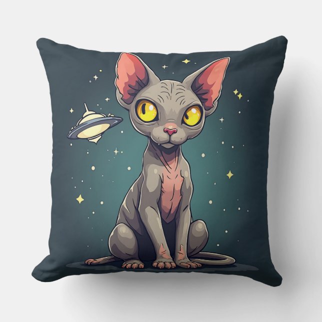 Domande över Sphynx Katt UFO Rymd Tecknad Konst Kudde (Framsida)