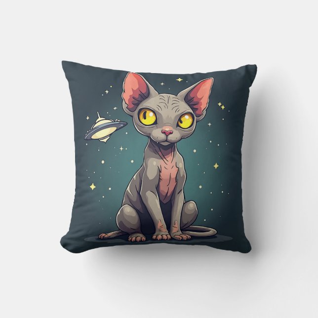 Domande över Sphynx Katt UFO Rymd Tecknad Konst Kudde (Framsida)