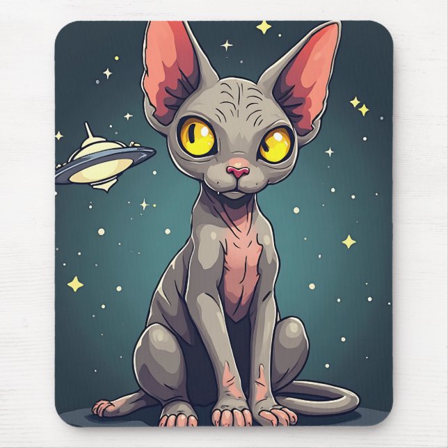 Domande över Sphynx Katt UFO Rymd Tecknad Konst Musmatta (Framsidan)