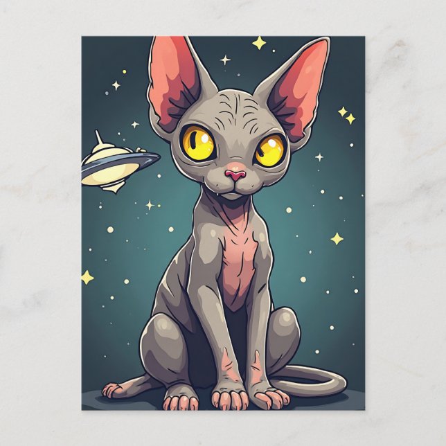 Domande över Sphynx Katt UFO Rymd Tecknad Konst Vykort (Framsida)