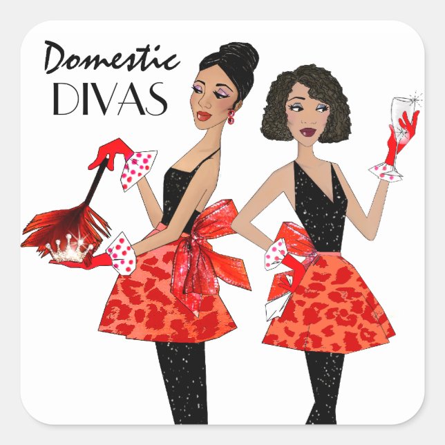 "Domestic Divas"-fästen Fyrkantigt Klistermärke (Framsida)