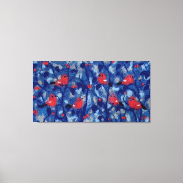 Domherrar, röda fåglar blå skogsträd fiberkonst canvastryck (Framsida)