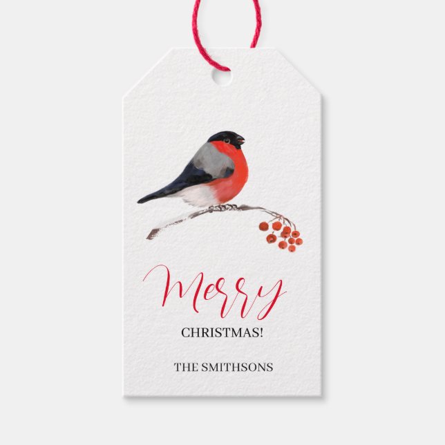 Domherre och röda rönnbär, God Jul! Presentetikett (Framsidan)