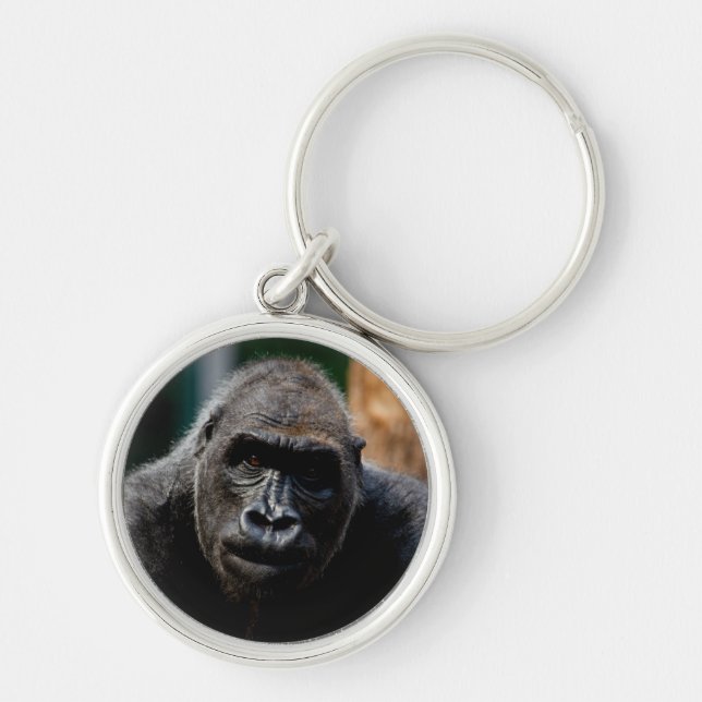 Dominant Primate Gorilla Ape Rund Silverfärgad Nyckelring (Framsidan)