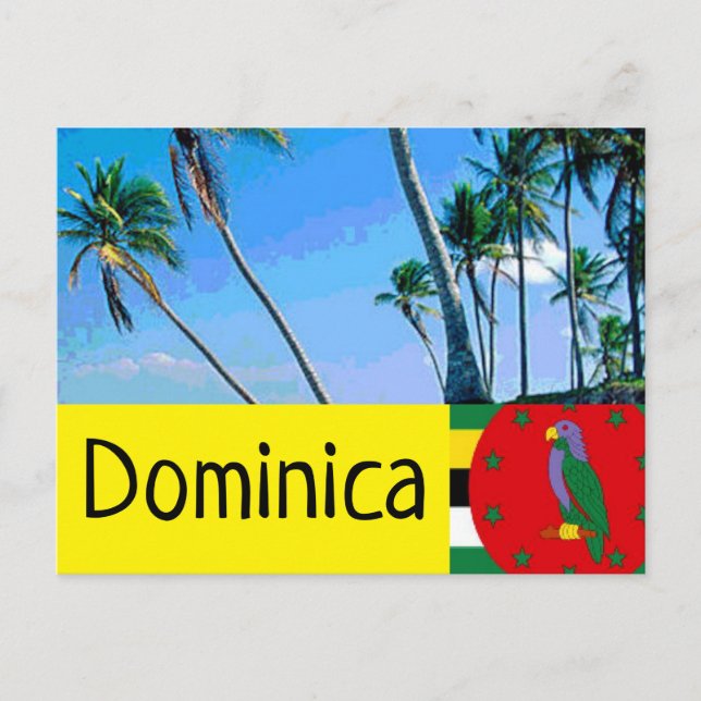 Dominica flagga med tropiska handflatan träd vykort (Framsida)
