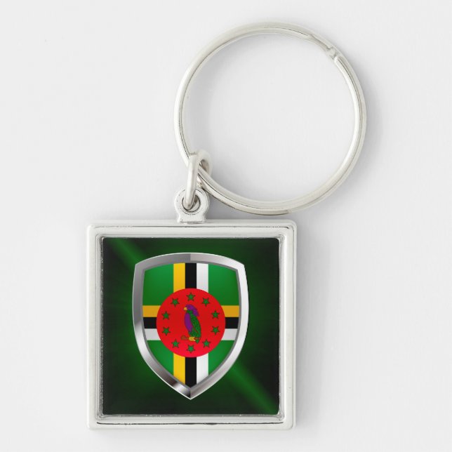 Dominica Mettalic Emblem Fyrkantig Silverfärgad Nyckelring (Framsidan)