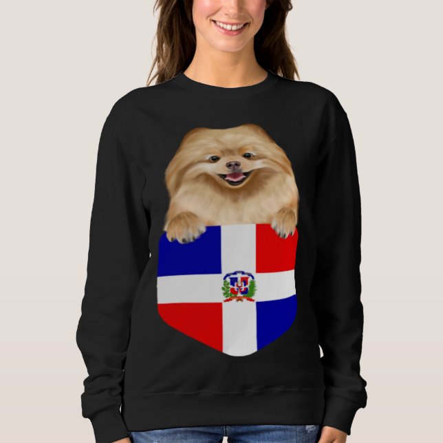 Dominican Republic Flag Pomeranian Dog In Pocket T Shirt (Framsida)