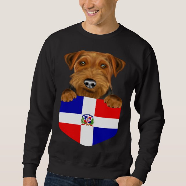 Dominican Republic Flag Welsh Terrier Dog In Pocke Lång Ärmad Tröja (Framsida)
