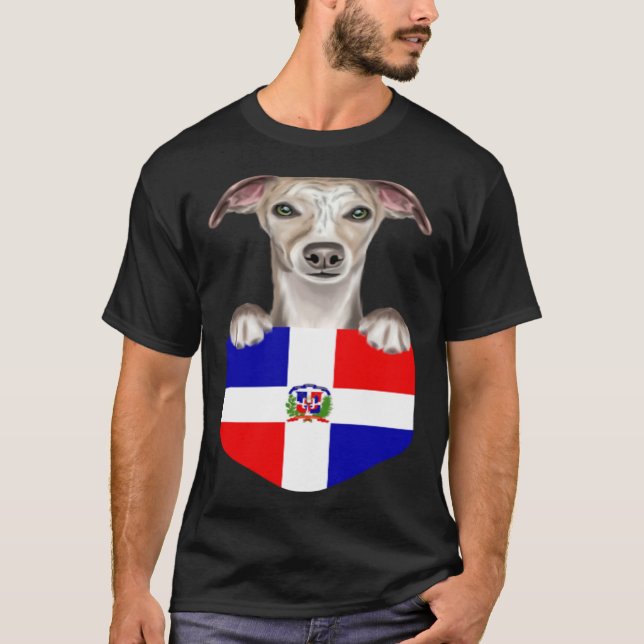 Dominican Republic Flag Whippet Dog In Pocket T Shirt (Framsida)