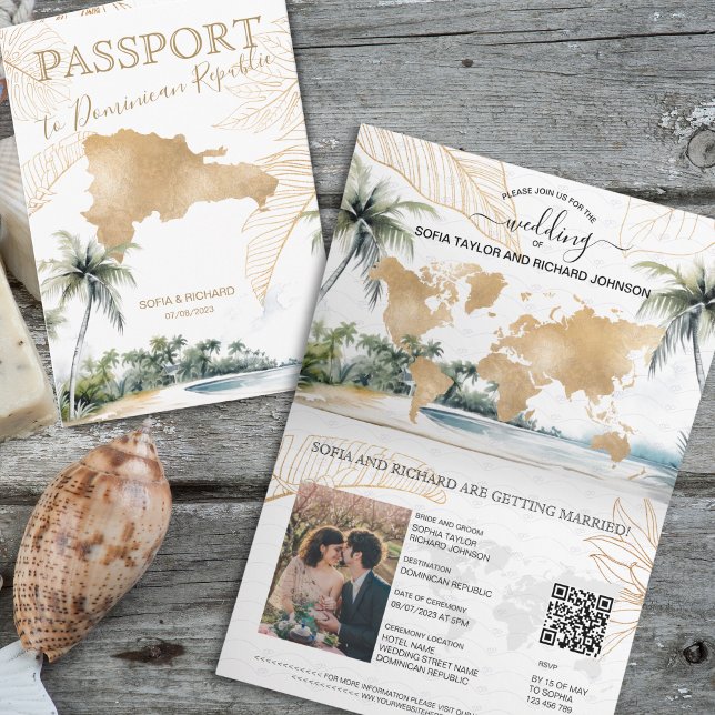 Dominikanska republiken Destinationsbröllop Pass Q Inbjudan (dominican republic golden map and watercolor palm trees and beach passport wedding invitation)