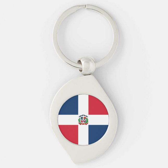 Dominikanska Republikens flagga Swirl Silverfärgad Nyckelring (Framsidan)