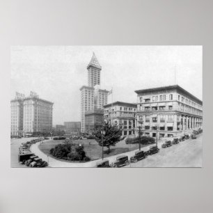 Domstol Square och Smith Torn i Seattle Poster