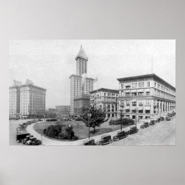 Domstol Square och Smith Torn i Seattle Poster (Framsidan)