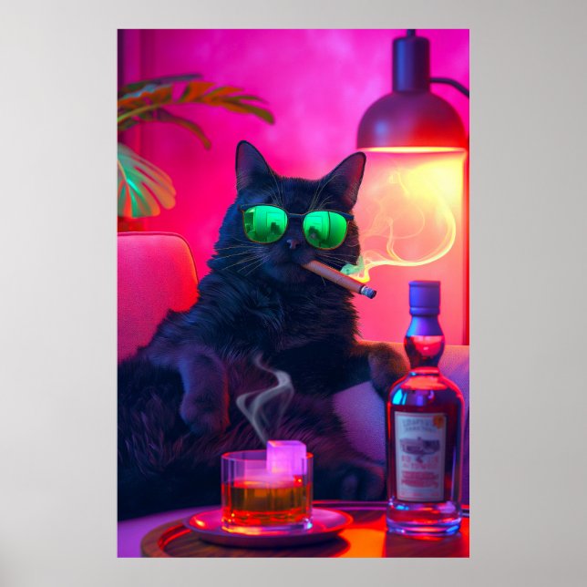 Don Gatto's Nightcap | Finare Cat Drinking Whiskey Poster (Framsidan)