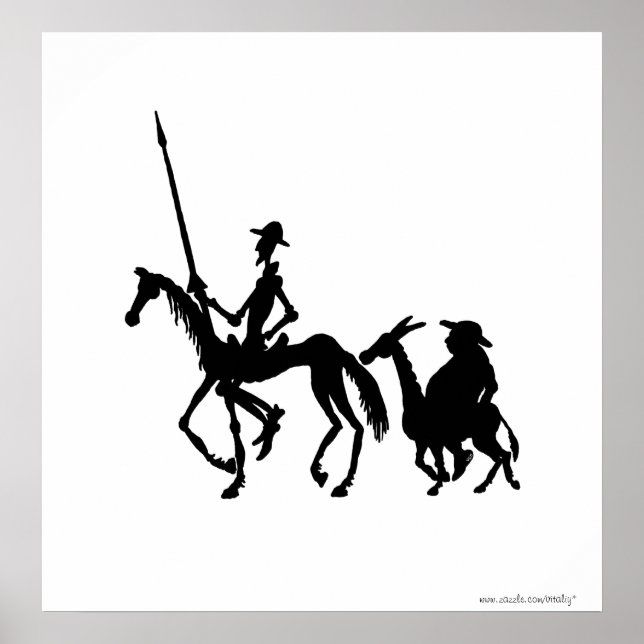 Don Quijote och Sancho Panza black and white art Poster (Framsidan)