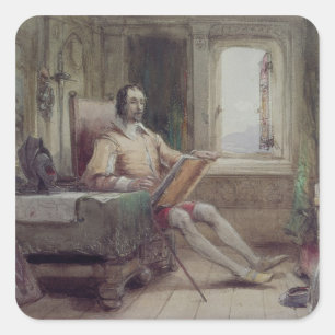 Don Quixote i sin studie Fyrkantigt Klistermärke