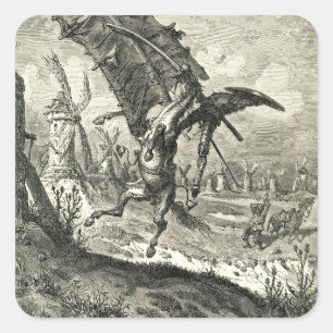 Don Quixote och Windmills Fyrkantigt Klistermärke