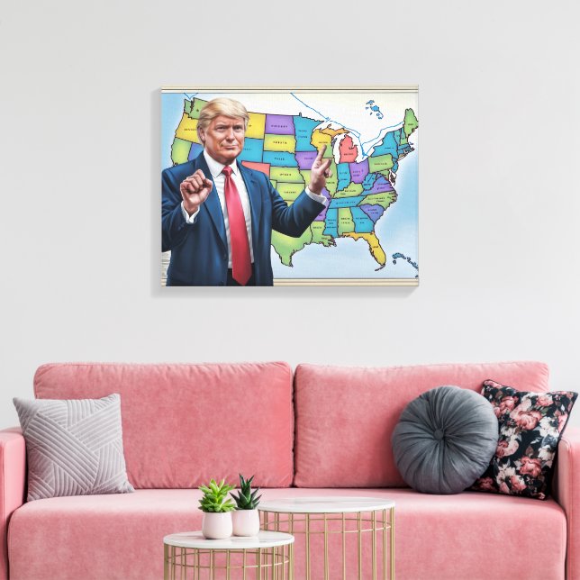 Donald Trump framför Altered U.S. Karta Artwork Canvastryck (Insitu (Vardagsrum))