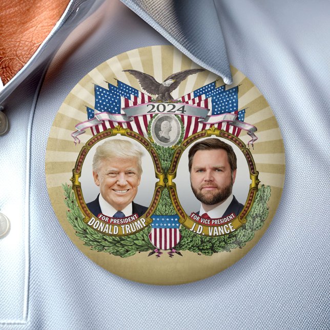 Donald Trump JD Vance President Vice Photo GULD Knapp (Campaign Button)