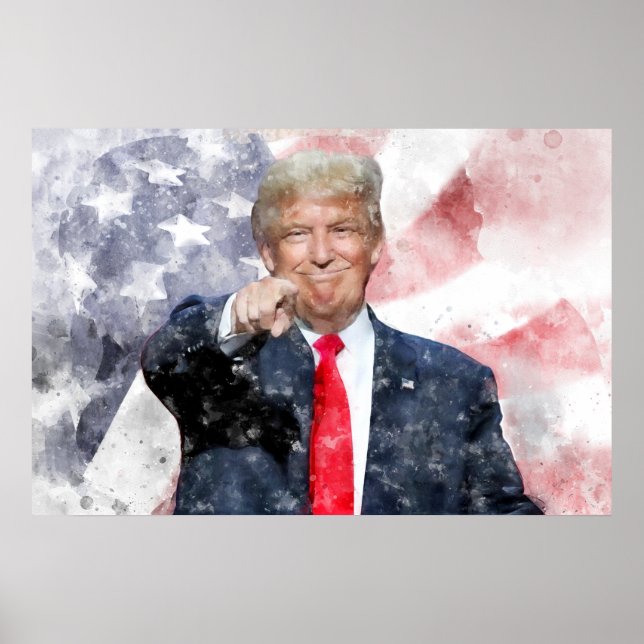 Donald Trump pekar med amerikansk flagga Poster (Framsidan)