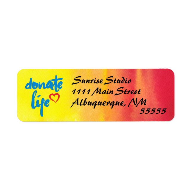 Donera Life med röd och gult vattenfärg Returadress Etikett (Framsidan)