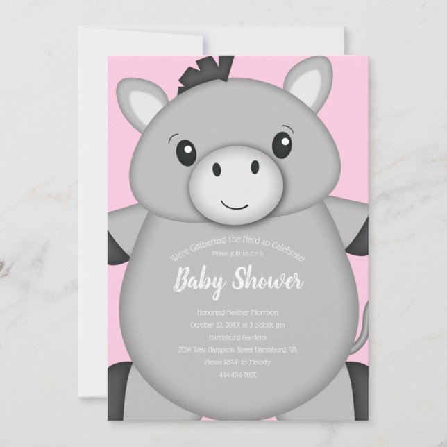 Donkey Baby Shower Rosa Inbjudningar (Framsida)