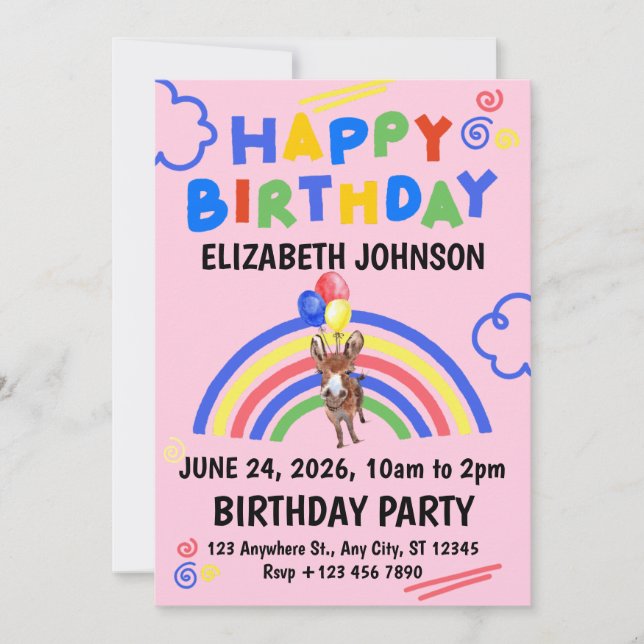 Donkey Birthday Invitation in Pink Inbjudningar (Framsida)