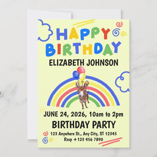 Donkey Birthday Invitation in Yellow Inbjudningar (Framsida)