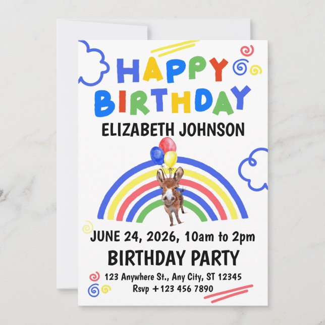 Donkey Birthday Invitation White Inbjudningar (Framsida)