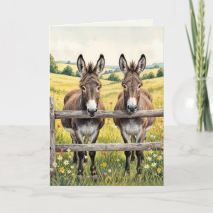 Donkey från födelsedagen står bakom ett stängsel kort