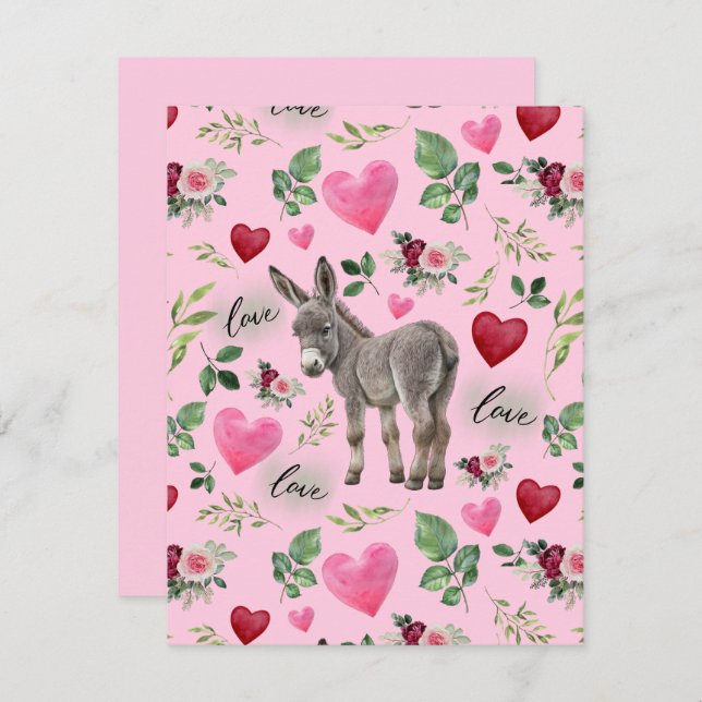Donkey Love Valentine’s Day Card in Pink Anteckningskort (Fram/baksida)