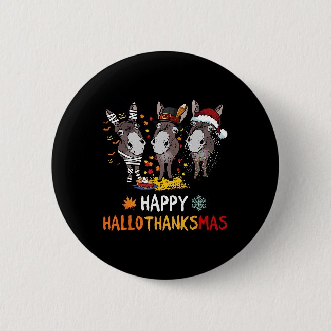Donkey Lycklig Hallothanksmas Halloween Thanksgivi Knapp (Framsida)