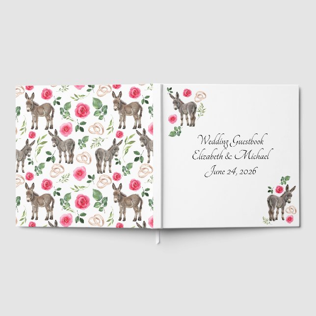 Donkey Pink Floral Rustic Wedding Gästböcker (Full)
