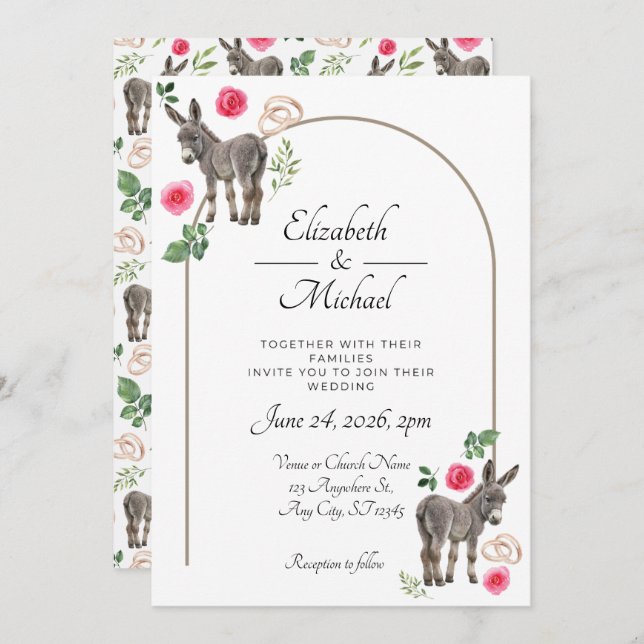Donkey Pink Floral Wedding Invitation  Inbjudningar (Fram/baksida)