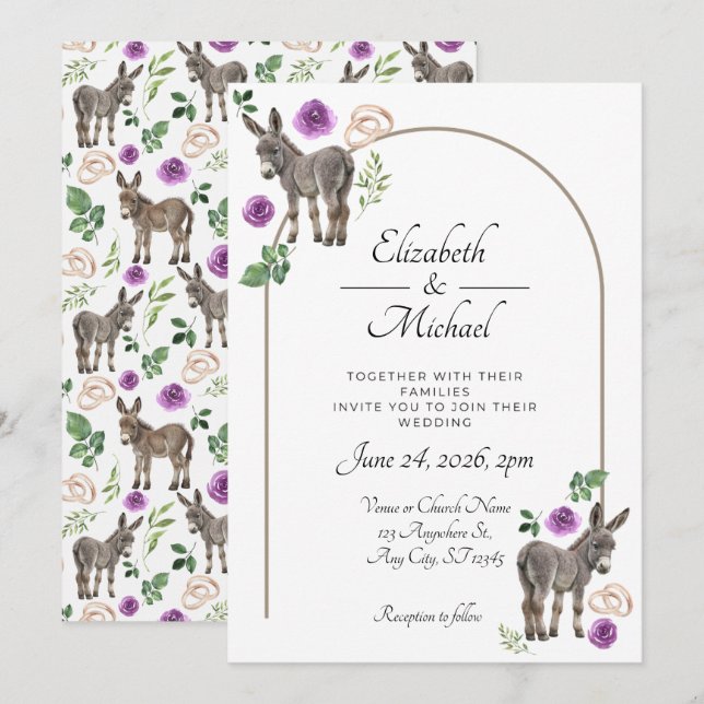 Donkey Purple Floral Rustic Wedding Inbjudningar (Fram/baksida)