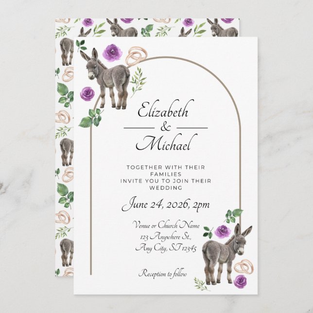 Donkey Purple Floral Wedding Invitation  Inbjudningar (Fram/baksida)
