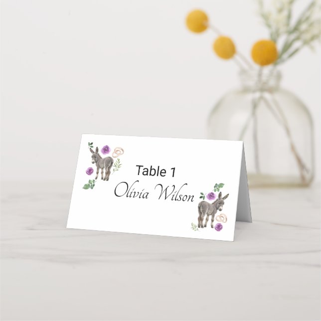 Donkey Purple Floral Wedding Place Card Placeringskort (Framsida)