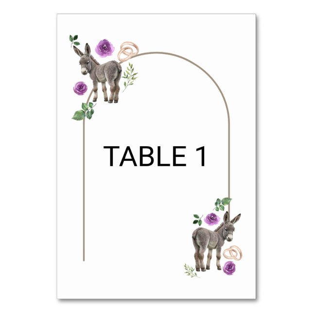 Donkey Purple Floral Wedding Table Number Card Bordsnummer (Framsidan)