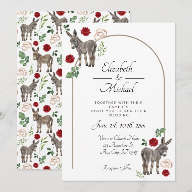 Donkey Red Floral Rustic Wedding Inbjudningar (Fram/baksida)